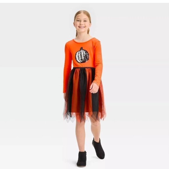Girls Long Sleeve Flip Sequin Pumpkin Halloween Tulle Dress - Cat & Jack - Picture 1 of 4